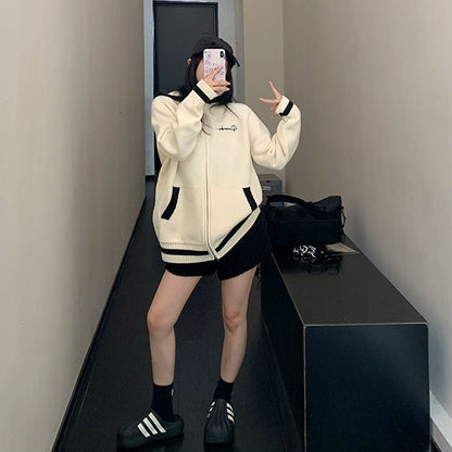 【アウター】春 秋 冬 刺繍 厚手 フード付き ファスナー付き  ニット ジャケット【FCシリーズ】