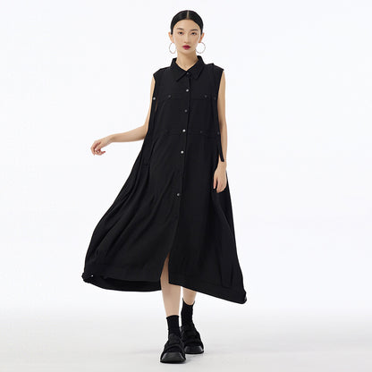 【ワンピース】ワンピース 夏 ノースリーブ ボタン付き ロング丈 ゆったり 体型カバー 細見え 落ち感 上品 カジュアル 日系ファッション【AHシリーズ】