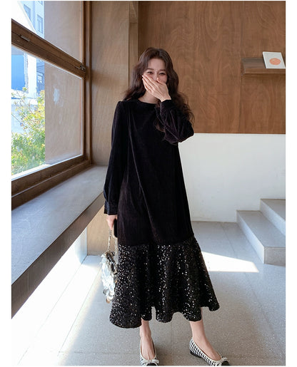 【ワンピース】オードリー風 ベロア 春 秋 冬 スパンコール 長袖 ワンピース【JZシリーズ】