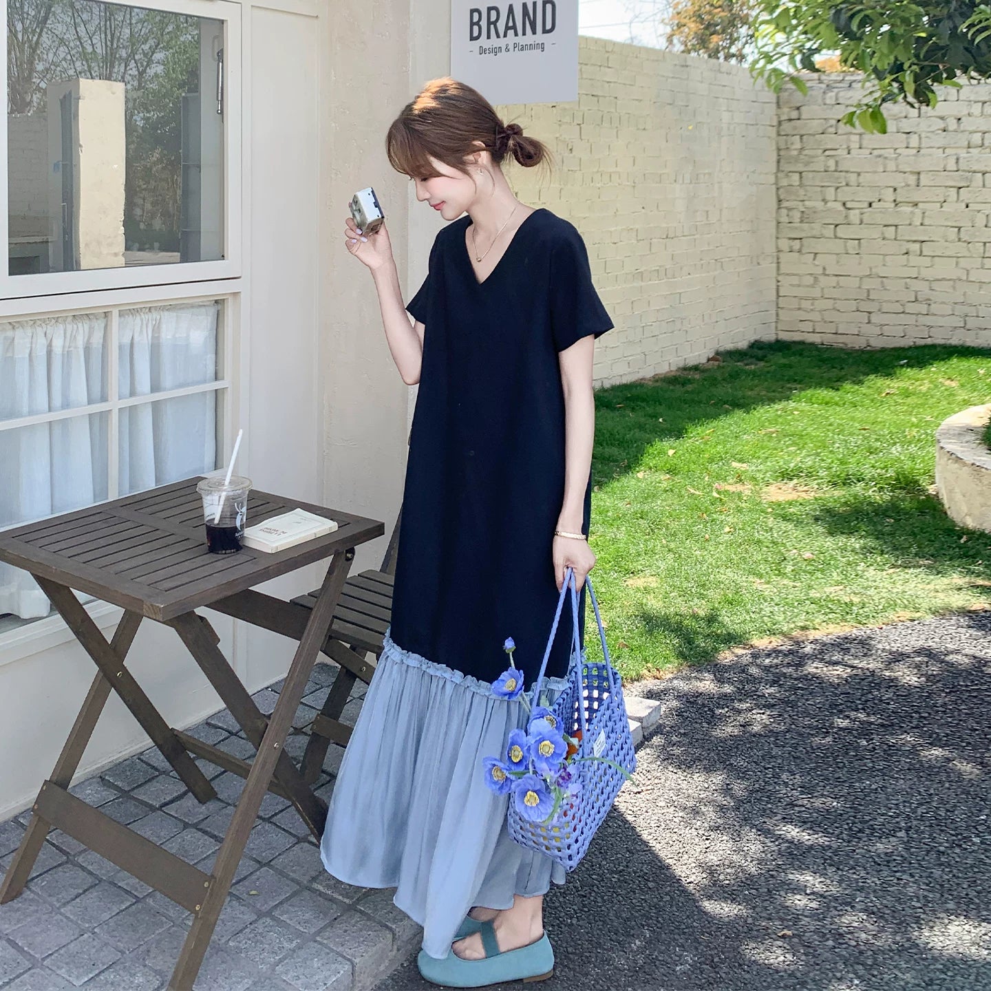 【ワンピース】配色切替 Vネック 半袖ワンピース レディース 夏 ゆったり ロング丈 リラックスシルエット カジュアル【JZシリーズ】