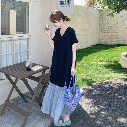 【ワンピース】配色切替 Vネック 半袖ワンピース レディース 夏 ゆったり ロング丈 リラックスシルエット カジュアル【JZシリーズ】