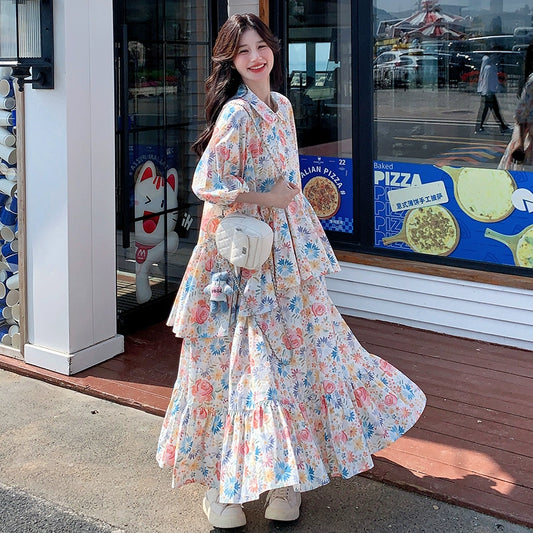 【ワンピース】可愛い 小花柄 シャツワンピース🌸 超人気で映える森ガール風 長袖ドレス【SHシリーズ】