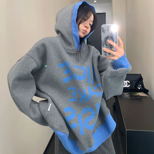 【トップス】レトロ 配色 裏起毛 フード付き 春 秋 冬 パーカー【FCシリーズ】