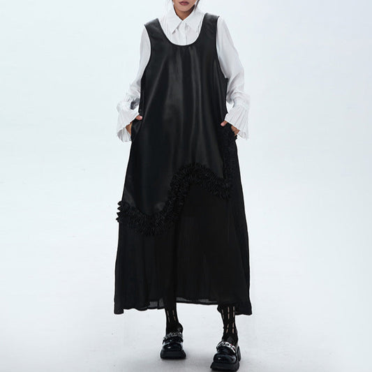 【ワンピース】春 秋 冬 PU 切り替え フリル ノースリーブ ワンピース 【AHシリーズ】