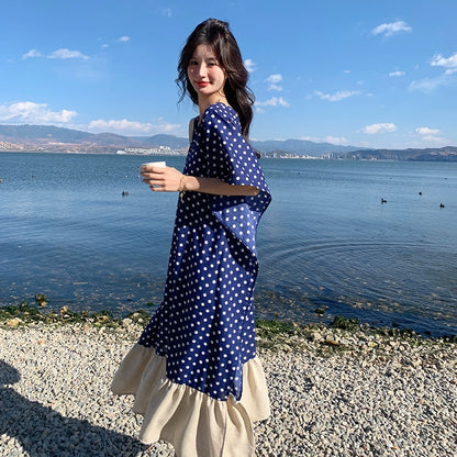 【ワンピース】高級感 ドット柄 シフォン 半袖ワンピース 超人気 おしゃれでリラックス感たっぷり リゾートロングドレス【SHシリーズ】
