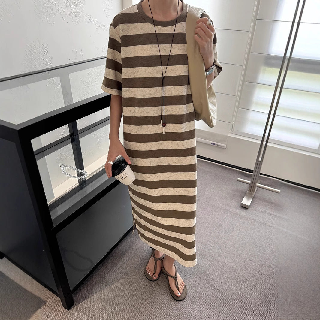 [洋裝] 夏季新品：寬鬆顯瘦條紋大廓形短袖洋裝【JZ系列】 
