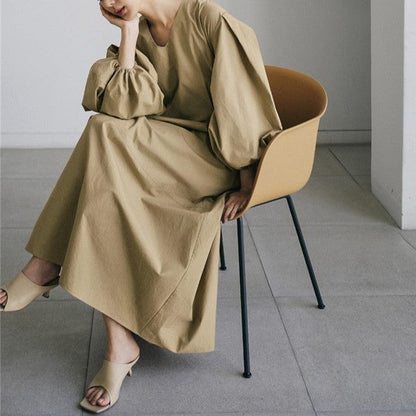 【ワンピース】春秋 ゆったり プラスサイズ Vネック ランタンスリーブ 長袖ワンピース