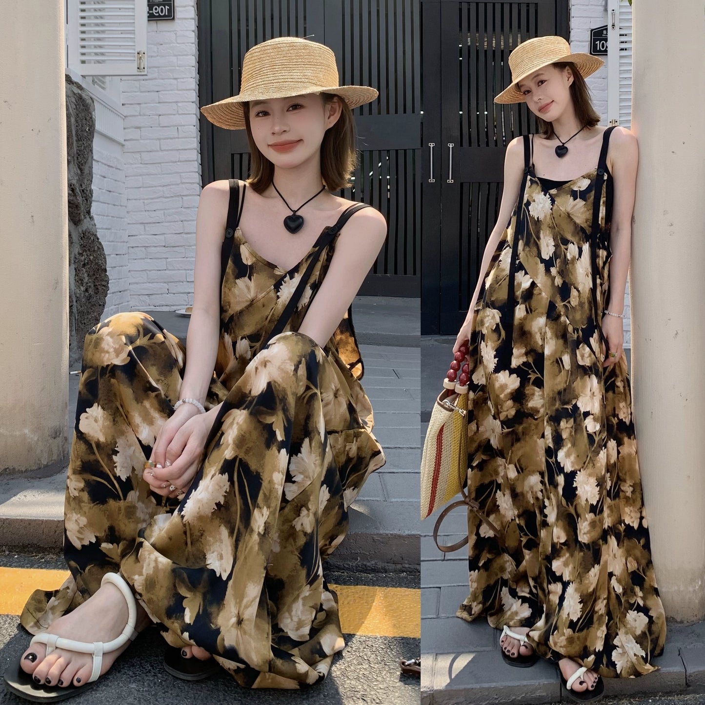 【ボトムス】夏新作 ゆったり清涼感 レトロアート染め Vネックオールインワン 気質スタイル【SHシリーズ】