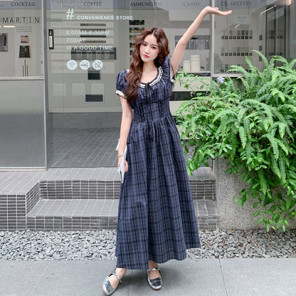 【ワンピース】レトロチェックワンピース レディース 夏 パフスリーブ ノースリーブ ロングワンピース 上品 フレンチ【JZシリーズ】