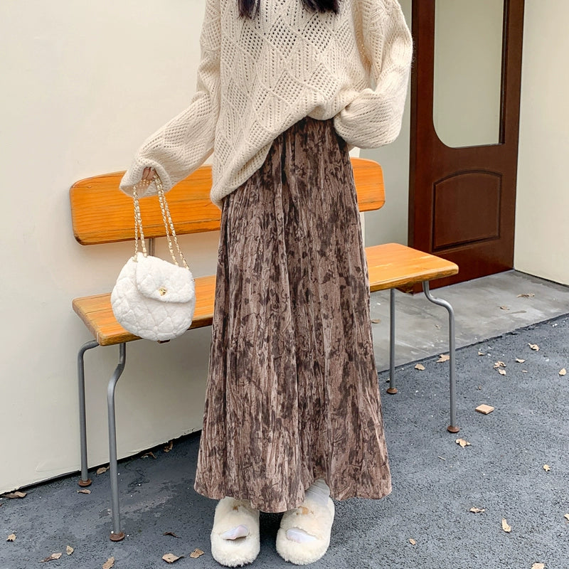 【ボトムス】プリーツ ゆったり ヒップカバー Aラインロングスカート 水墨画柄 ベルベットスカート【SHシリーズ】