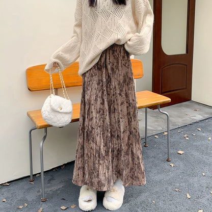 【ボトムス】プリーツ ゆったり ヒップカバー Aラインロングスカート 水墨画柄 ベルベットスカート【SHシリーズ】