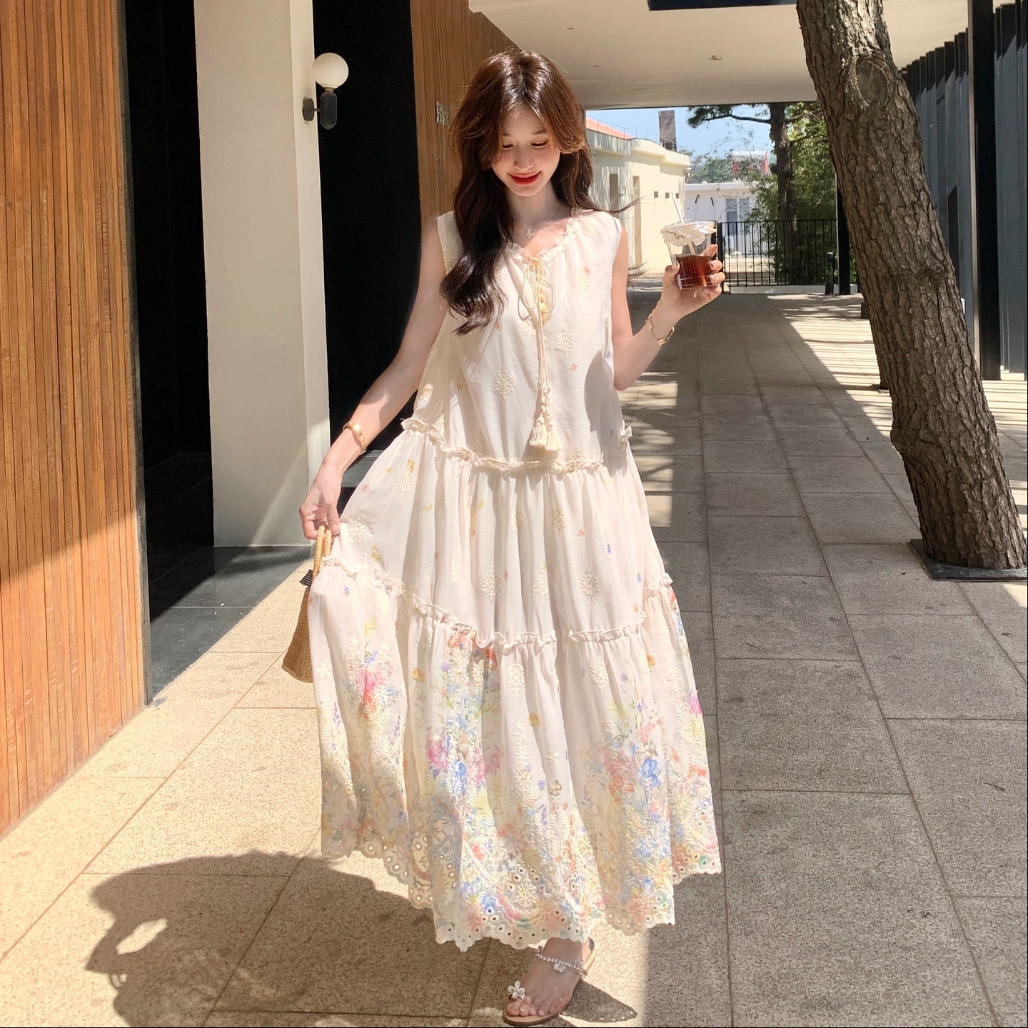 【ワンピース】スイート系 小花柄 ノースリーブ ワンピース 夏 上品 細見え タンク ロングドレス【SHシリーズ】