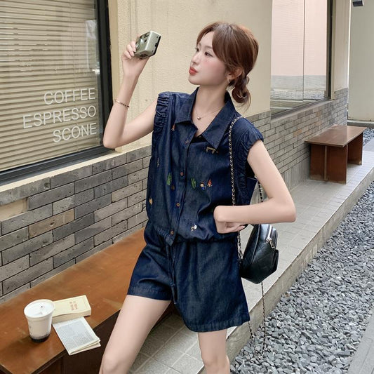 2点セット！【セットアップ】デニムブルー ベスト＋ワイドショートパンツ 夏 レディース 高見え 着痩せ 上下セットアップ【JZシリーズ】