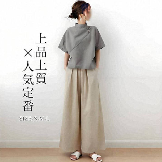 【セットアップ】ゆったり 立襟 無地 半袖 シャツ + パンツ 2点上下セット 【JZシリーズ】
