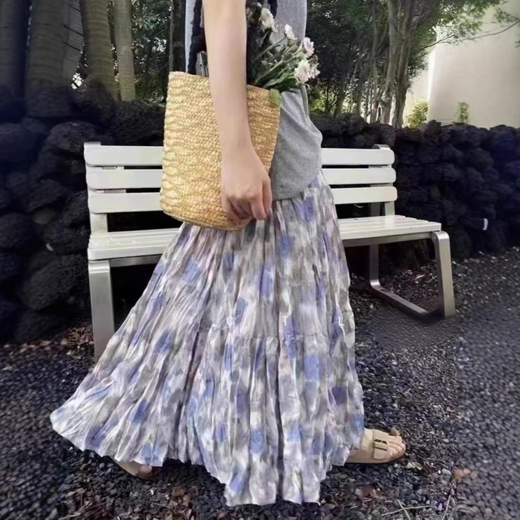 【ボトムス】夏 ハイウエスト レトロ 体型カバー 細見え グラデーション とろみ感スカート 【SHシリーズ】