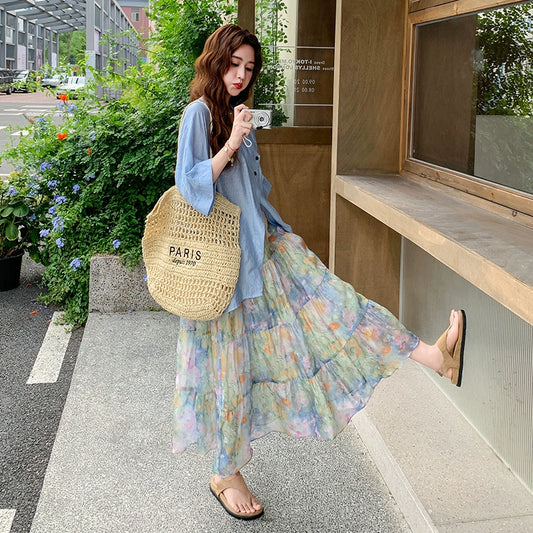 2点セット！【セットアップ】夏 韓国風 テンセルシャツ＋アートプリントスカート 上下セット【SHシリーズ】