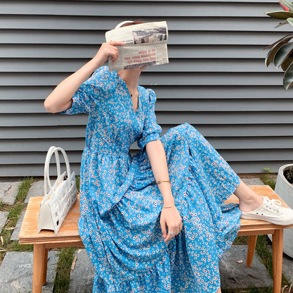 【ワンピース】【10～15日内発送】夏新作 フレンチ風 高級感 Vネック パフスリーブ フラワープリント 半袖ワンピース【SHシリーズ】