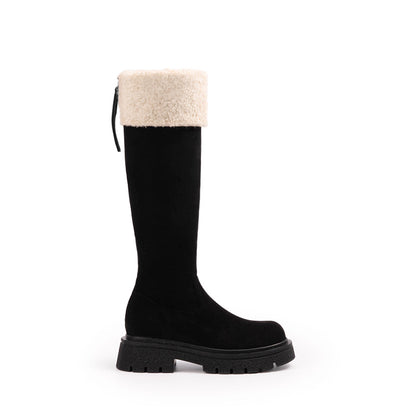 【シューズ】秋冬 新作 厚底 裏起毛 バックジップ ロングブーツ 太ヒール スエード調 【25~30日発送】