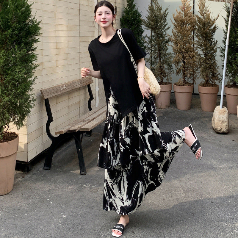 【ワンピース】🌞夏新作 大きいサイズ レディース 半袖 重ね着風ワンピース 墨柄 ゆったり ロング丈 体型カバー【SHシリーズ】