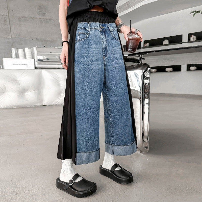 【ボトムス】レトロ香港風 バイカラー切替 プリーツデニムパンツ レディース 夏 ストレートパンツ 九分丈 ゆったり カジュアル【AHシリーズ】