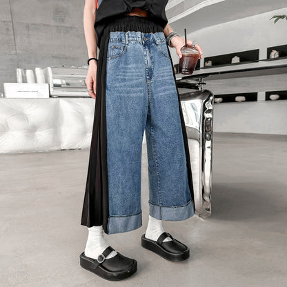 【ボトムス】レトロ香港風 バイカラー切替 プリーツデニムパンツ レディース 夏 ストレートパンツ 九分丈 ゆったり カジュアル【AHシリーズ】