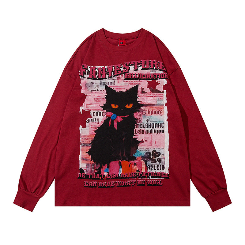 【トップス】黒猫プリントロンT ユニセックス オーバーサイズ ユニセックス アメリカンカジュアル【FCシリーズ】
