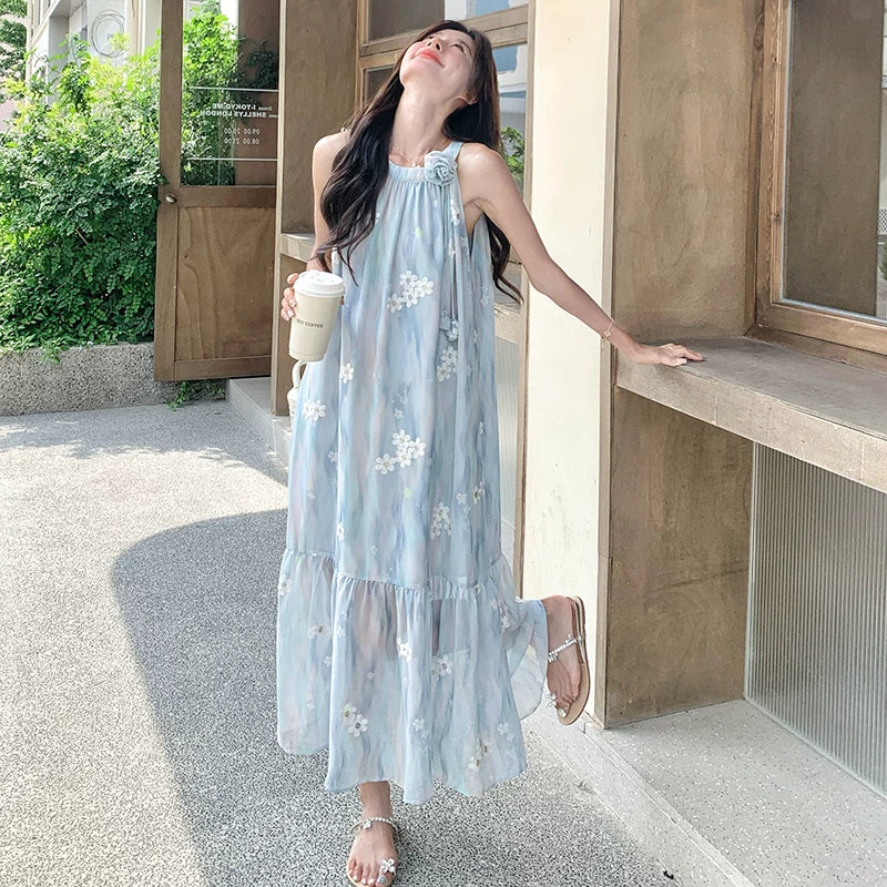 【ワンピース】リゾート風 ブルー立体フラワーワンピース レディース ノースリーブ ホルターネック 中長丈 ゆったり 体型カバー おしゃれ【SHシリーズ】