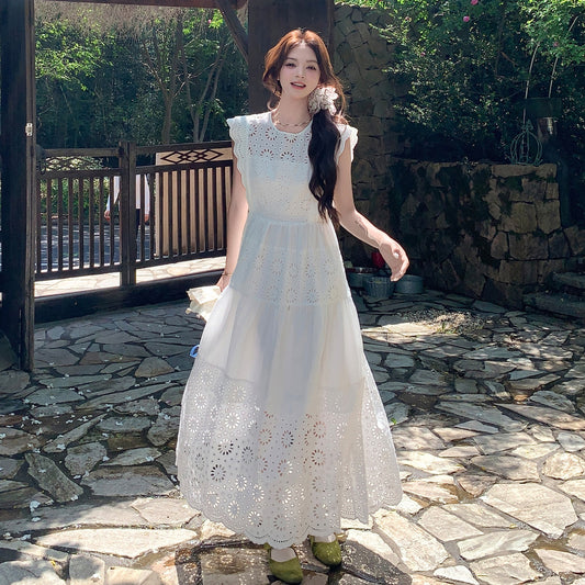 【ワンピース】夏 重工レース刺繍 ハイウエストで細見え ノースリーブワンピース