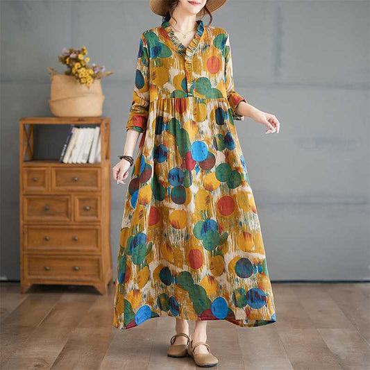 【ワンピース】新作 レトロ 花柄 ゆったり 体型カバー フリル襟 長袖 フレアロングワンピース【SHシリーズ】