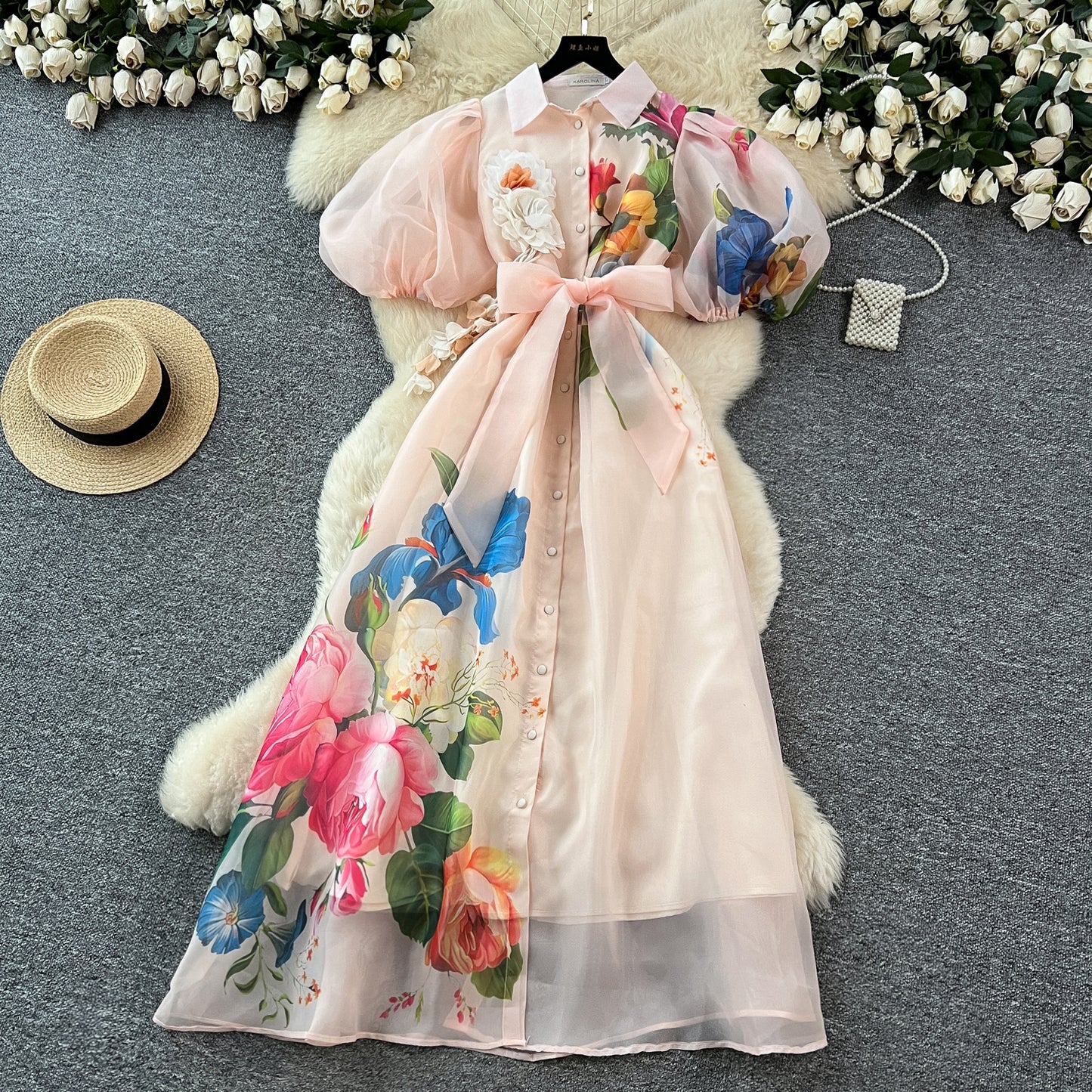 【ワンピース】着るだけで上品見え✨フレンチ風 半袖 ワンピース バインディング ウエスト 立体花モチーフ ランタンスリーブ メッシュ ロング丈【SHシリーズ】