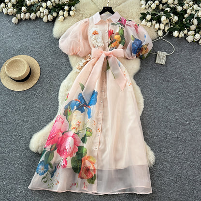 【ワンピース】着るだけで上品見え✨フレンチ風 半袖 ワンピース バインディング ウエスト 立体花モチーフ ランタンスリーブ メッシュ ロング丈【SHシリーズ】
