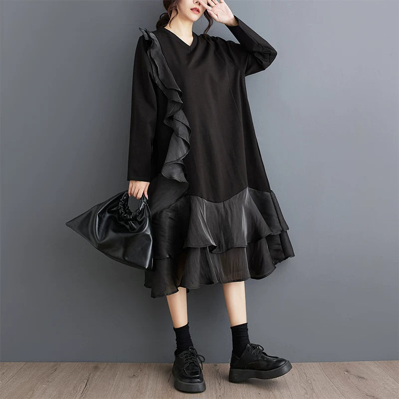 【ワンピース】Vネック 長袖ワンピース 配色切替 フリルデザイン ロング丈 大きいサイズ レディース ゆったりシルエット 着痩せ
【AHシリーズ】