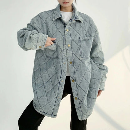 【24AW】【10～15日内発送】【アウター】韓国風 ヴィンテージ加工 菱形 刺繍 綿入れコート【FCシリーズ】