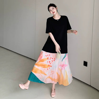 【ワンピース】ゆるっと着るだけで細見え✨大きいサイズ ロングワンピース 半袖 プリーツ裾 切り替えデザイン リゾート風 夏ワンピ【SHシリーズ】