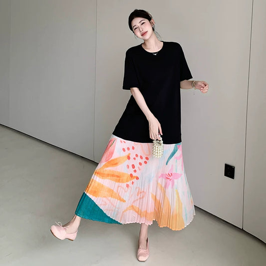 【ワンピース】ゆるっと着るだけで細見え✨大きいサイズ ロングワンピース 半袖 プリーツ裾 切り替えデザイン リゾート風 夏ワンピ【SHシリーズ】
