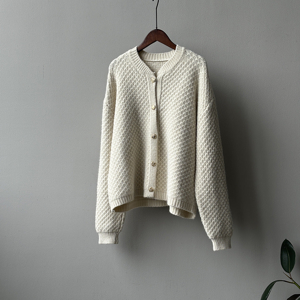 【アウター】パイナップル柄 ハートボタン  クルーネック ニット カーディガン 【JZシリーズ】