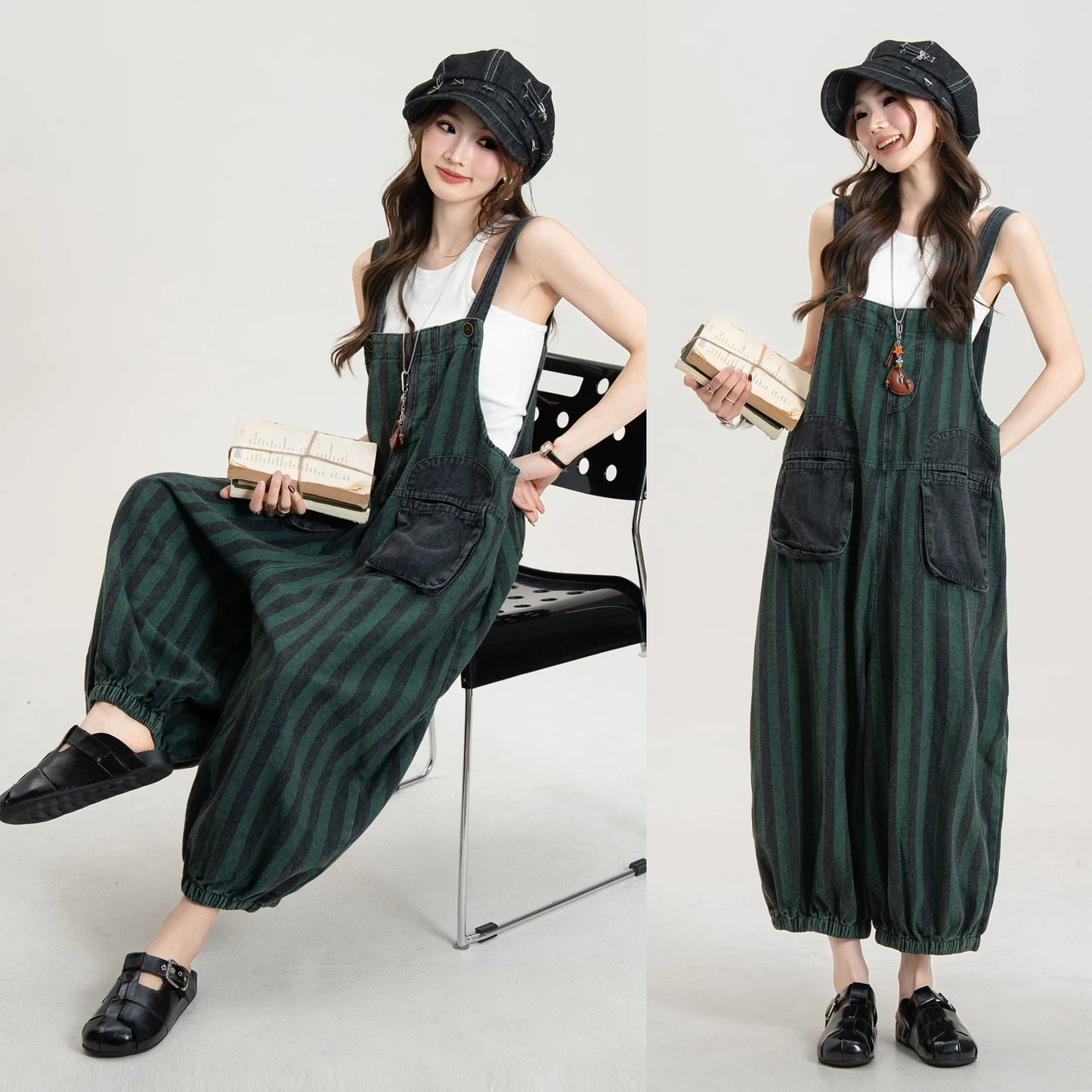 【ボトムス】ストライプ柄 デニムオールインワン キャミサロペット 7分丈 バルーンパンツ ルーズフィット カジュアル 夏【JZシリーズ】