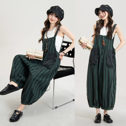 【ボトムス】ストライプ柄 デニムオールインワン キャミサロペット 7分丈 バルーンパンツ ルーズフィット カジュアル 夏【JZシリーズ】