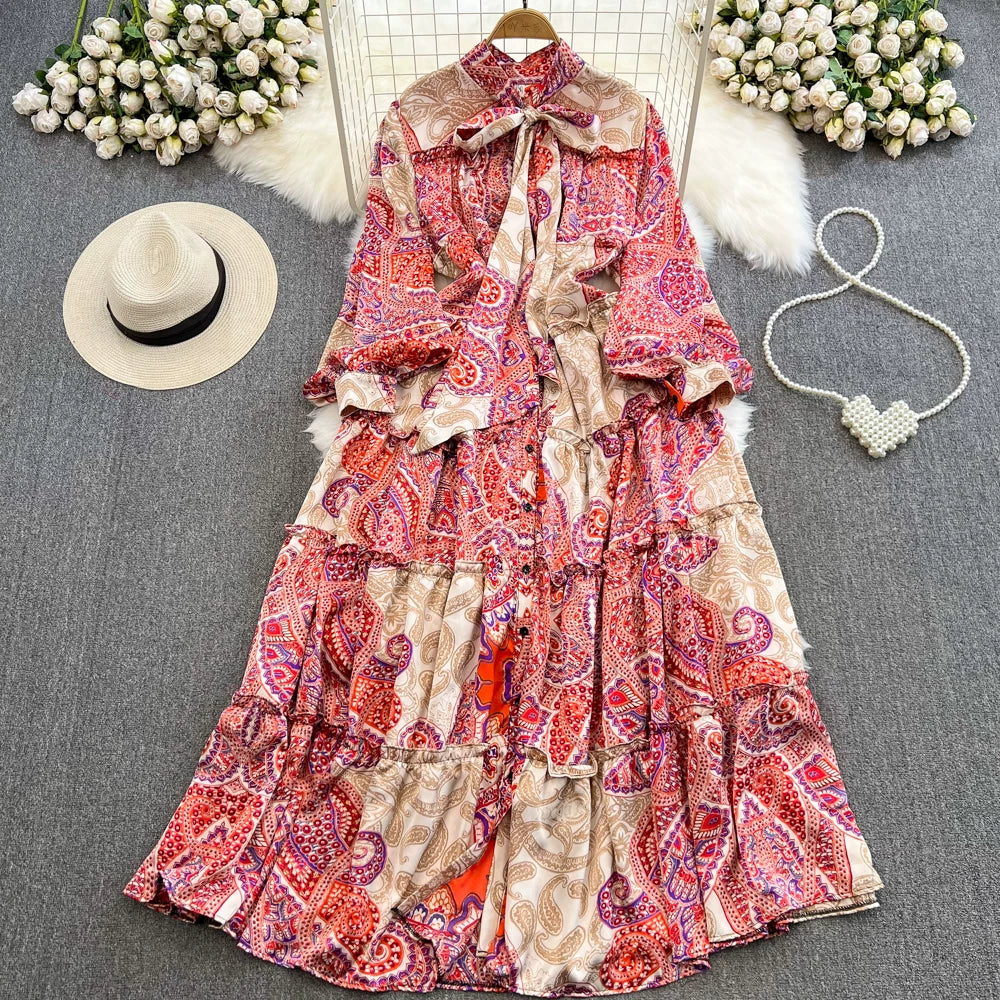 【ワンピース】シングルボタン プリント レディライク フレア 長袖 ワンピース 【SHシリーズ】