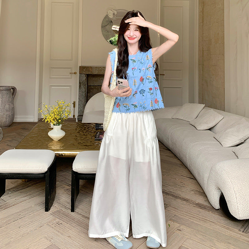 2点セット！【セットアップ】フレンチレトロ 重厚感フラワー刺繍 ノースリーブブラウス＋ワイドパンツ 上下セット【SHシリーズ】