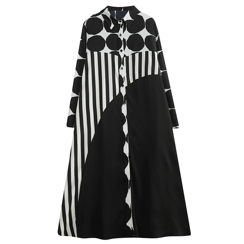 【ワンピース】配色ドット柄シャツワンピース レディース 春新作 大きいサイズ ゆったり ロング丈 カジュアル【JZシリーズ】