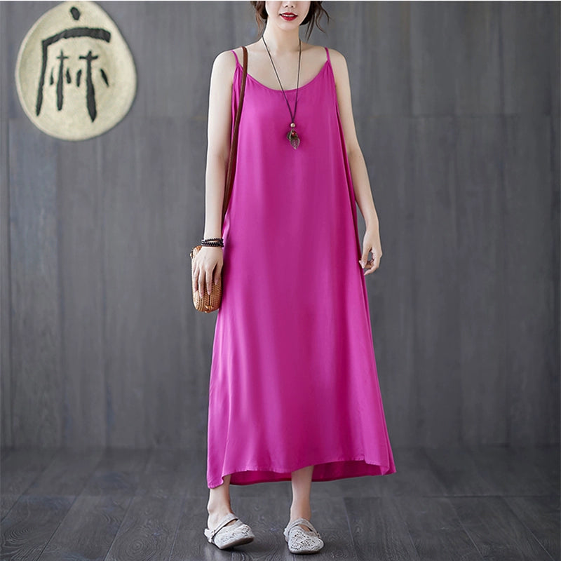 【ワンピース】夏新作 文芸系シンプル 無地キャミソールワンピース ゆったりロング丈 インナーとしても活躍