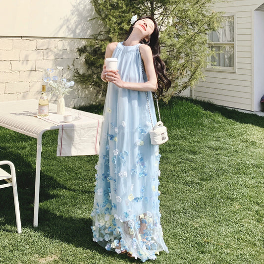 【ワンピース】韓国ファッション ブルー 花柄 ワンピース｜ノースリーブ ティアード ロング丈｜海辺 リゾート ビーチ 撮影用 映えドレス【SHシリーズ】