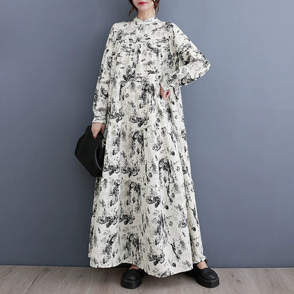 【ワンピース】春秋 花柄ゆったり 長袖ワンピース レディース カジュアル＆オシャレ 韓国風 ロング丈【JZシリーズ】