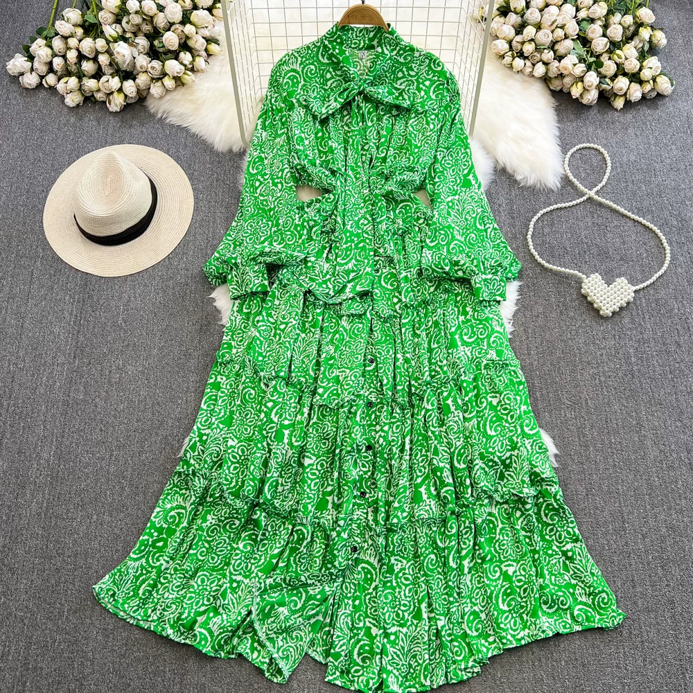 【ワンピース】シングルボタン プリント レディライク フレア 長袖 ワンピース 【SHシリーズ】