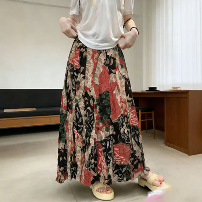【ボトムス】レトロ柄 プリーツロングスカート レディース ハイウエスト フレアスカート 上品 ナチュラル おしゃれ デザインスカート【SHシリーズ】