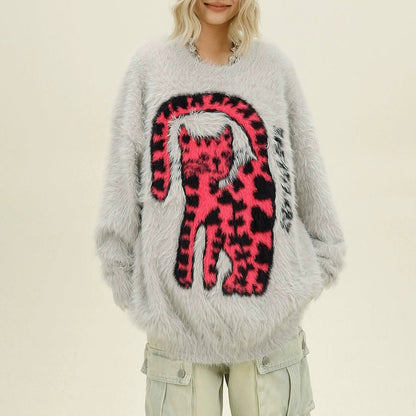 1/30~2/1⭐️期間限定 60%OFF ！🏆 売れ筋No.1【トップス】ユニセックス対応 レトロ 豹柄 猫 ゆったり ラウンドネック ネコ柄 ニットセーター【FCシリーズ】