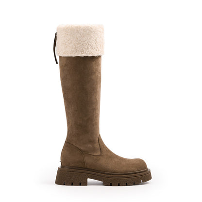 【シューズ】秋冬 新作 厚底 裏起毛 バックジップ ロングブーツ 太ヒール スエード調 【25~30日発送】