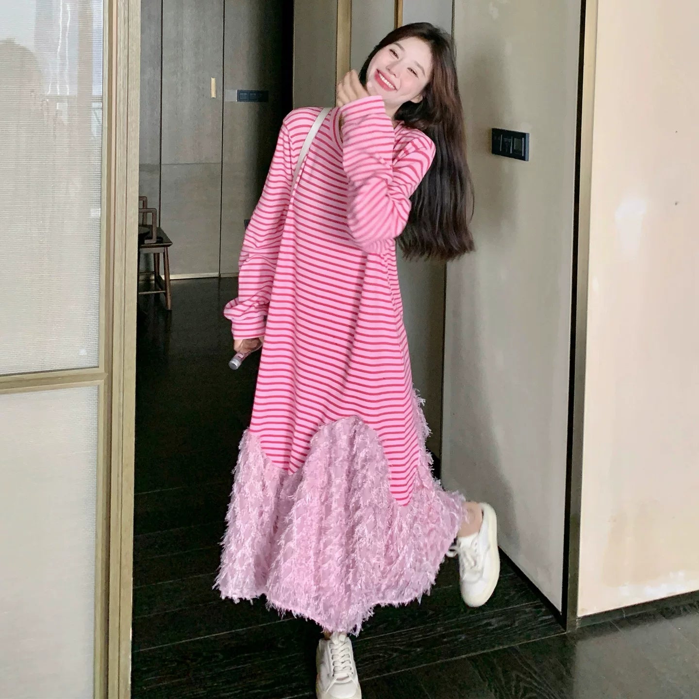 【ワンピース】カジュアル 若見え ストライプ マーメイドシルエット 着痩せ 長袖ワンピース【JZシリーズ】