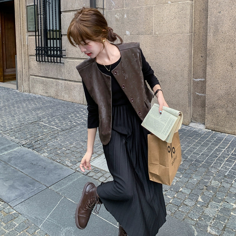 2点セット！【セットアップ】フレンチデザイン プリーツワンピース＋ベスト セット 秋新作 大人カジュアル ファッションコーデ【JZシリーズ】